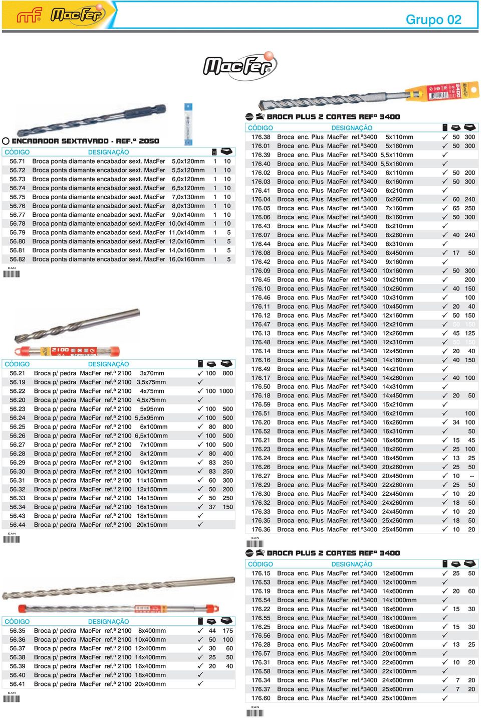 76 Broca ponta diamante encabador sext. MacFer 8,0x130mm 1 10 56.77 Broca ponta diamante encabador sext. MacFer 9,0x140mm 1 10 56.78 Broca ponta diamante encabador sext. MacFer 10,0x140mm 1 10 56.