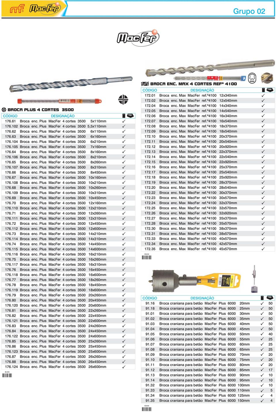 Plus MacFer 4 cortes 3500 8x160mm 176.106 Broca enc. Plus MacFer 4 cortes 3500 8x210mm 176.65 Broca enc. Plus MacFer 4 cortes 3500 8x260mm 176.107 Broca enc. Plus MacFer 4 cortes 3500 8x310mm 176.