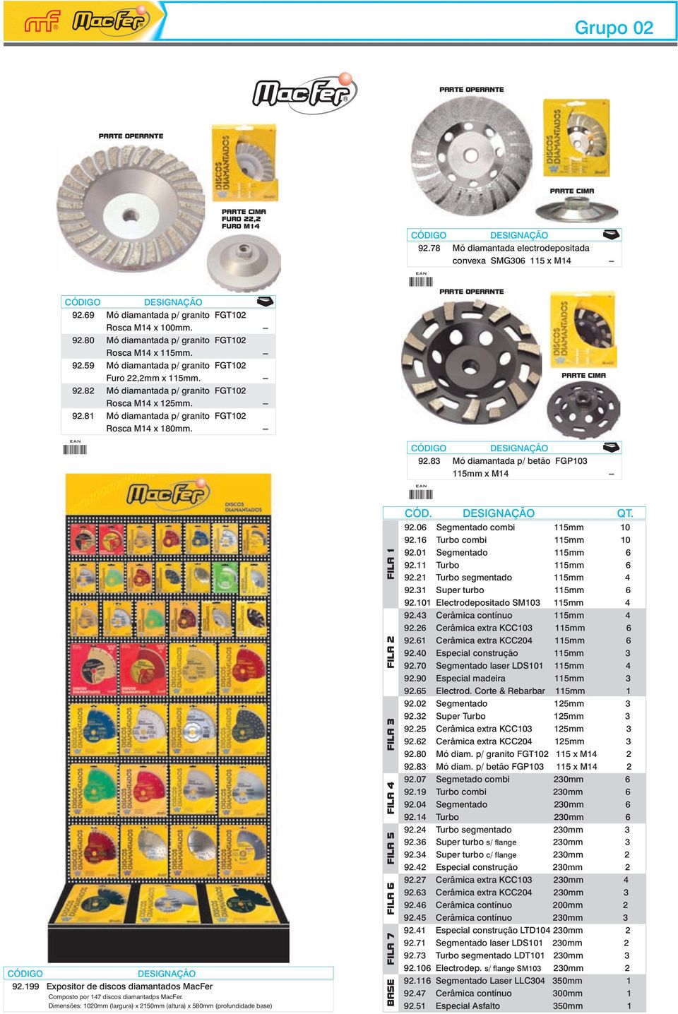 PARTE OPERANTE 92.83 Mó diamantada p/ betão FGP103 115mm x M14 PARTE CIMA 92.199 Expositor de discos diamantados MacFer Composto por 147 discos diamantadps MacFer.