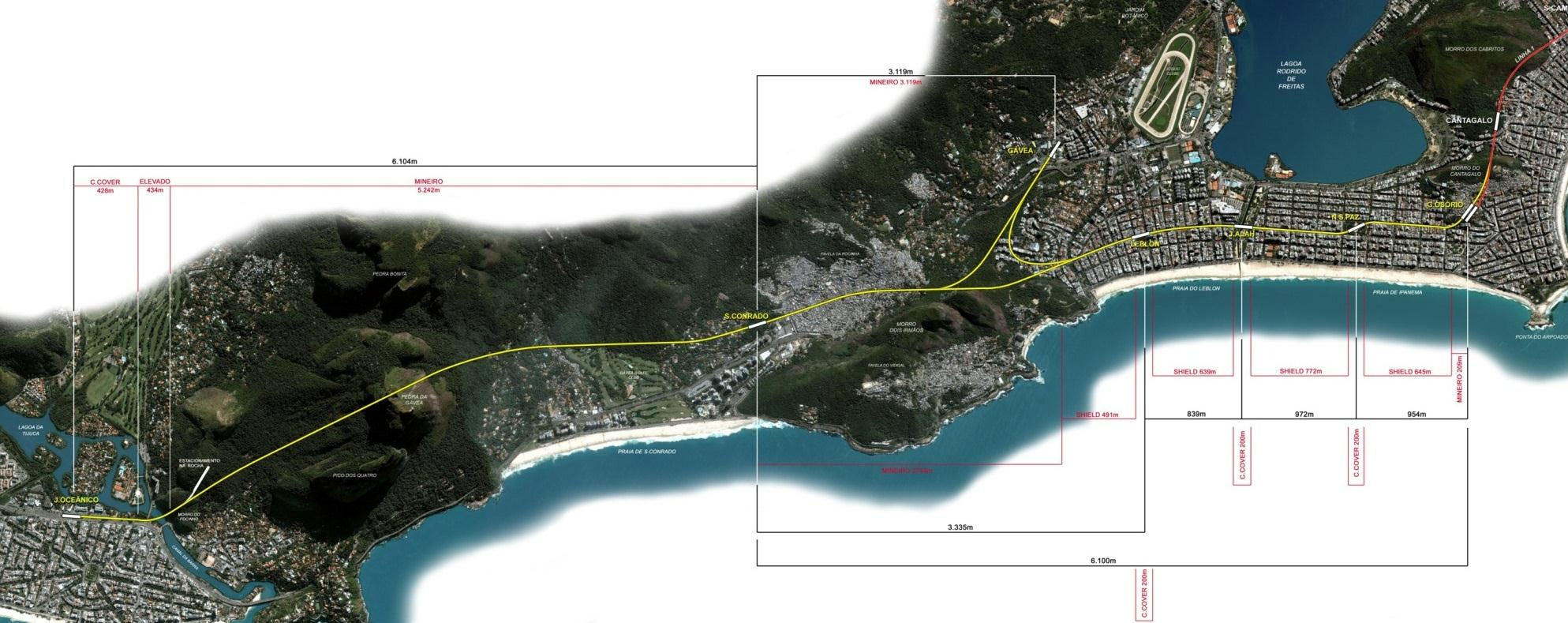 Traçado 16 km de extensão 3.119 m Gávea Jd. Oceânico 6.104 m 6 novas estações São Conrado Leblon - Jardim Oceânico - São Conrado - Gávea - Leblon 3.