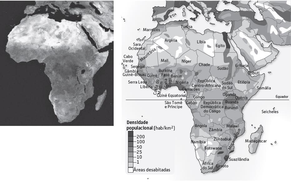 D. Suécia E. Dinamarca F. Noruega 5. Observa a fotografia de satélite e o mapa da distribuição da população em África. 5.1. Identifica a área de cor clara da fotografia de satélite. 5.2.