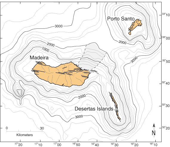 INTRODUÇÃO No mapa batimétrico da Figura 2 destacam-se os dois edifícios vulcânicos Madeira - Desertas e Porto Santo separados por mais de 2000 m de profundidade.