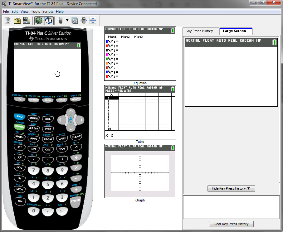 Escolher uma opção de visualização Por predefinição, o software TI-SmartView apresenta o ecrã ampliado do emulador da calculadora gráfica TI-84 Plus C Silver Edition.