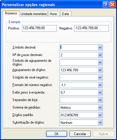 3. Altere o SÍMBOLO DECIMAL para ponto, ao invés de vírgula e clique em