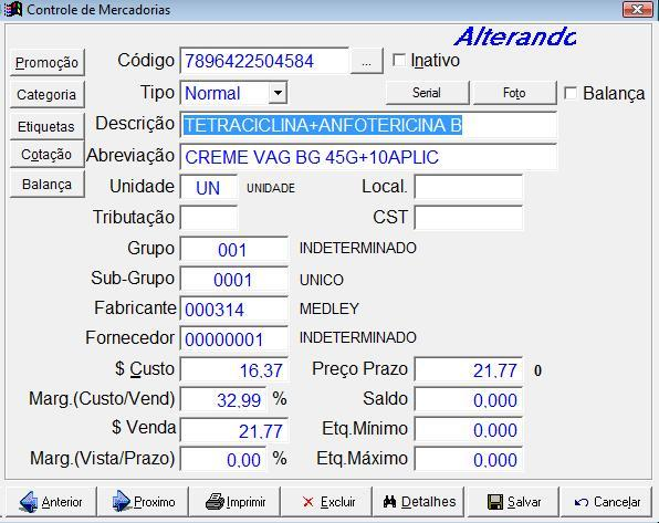 3. CADASTRAR PRODUTOS: - Selecionar com a seta a opção ESTOQUE <ALT+P> - Selecionar com a seta a opção INCLUSÃO DE PRODUTOS <ENTER> - Preencher a ficha do produto de acordo com os informações