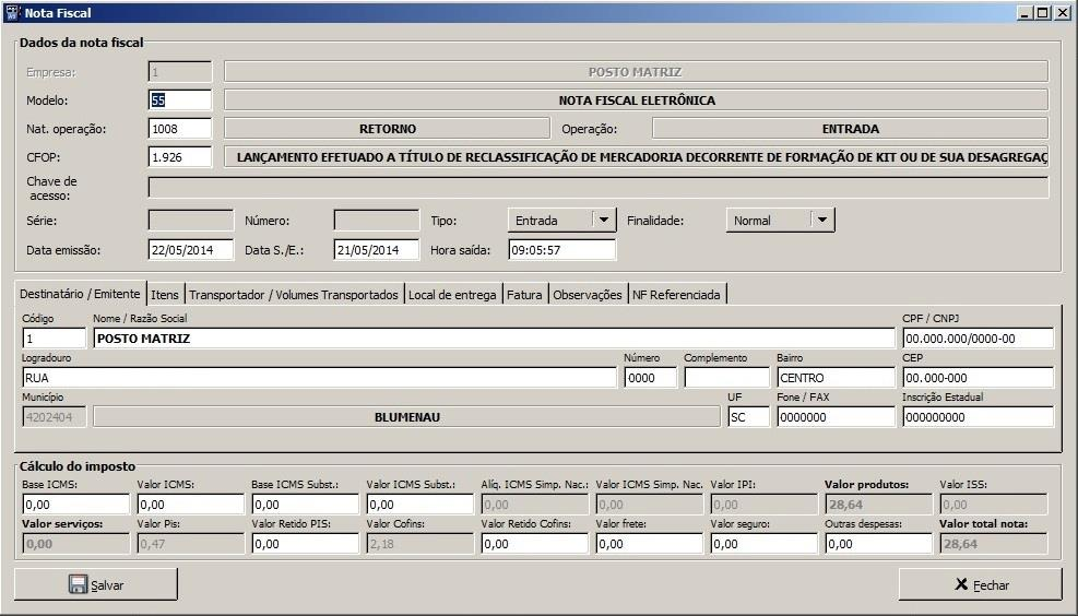 Clicar no botão Salvar para confirmar os dados da nota fiscal.