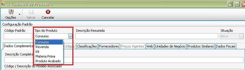 Na tela de Configuração Padrão temos campos obrigatórios como: Código Padrão, Tipo do Produto, Descrição Resumida, Situação.