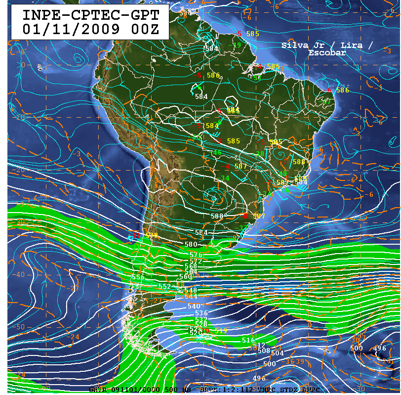 Figura 3: Carta sinótica de 500 hpa correspondente às 00Z dia 01 de novembro de 2009 A carta de 250 hpa (Figura 4) mostra uma situação bastante similar ao campo de 500 hpa descrito recentemente.