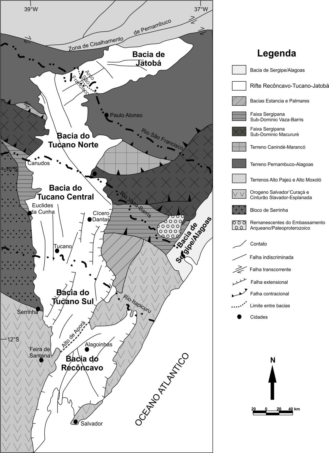 Figura 1. Mapa do Rifte Recôncavo-Tucano-Jatobá com os seus embasamentos (modificado de Aragão et al. 1999). Grupo Jatobá.