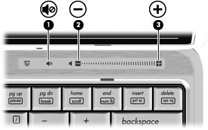 Ajustar o volume Para ajustar o volume, utilize os seguintes controlos: Botões de volume do computador: Para silenciar ou restaurar o volume, prima o botão de silenciar (1).