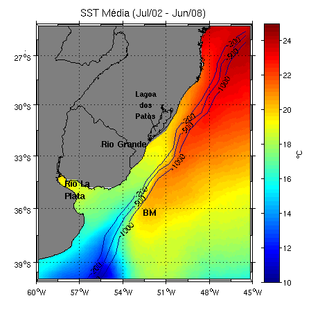 O objetivo deste trabalho foi verificar, através de imagens termais e da cor do oceano, a variabilidade espaço-temporal da temperatura da superfície do mar (SST Sea Surface Temperature) e clorofila-a