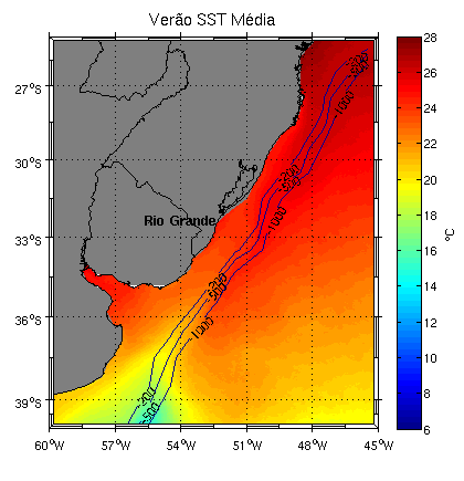 interna da Argentina, rio La Plata e CM, enquanto que no verão é nítida a dominância da CB, que ocupa também a região do talude e o mar aberto.