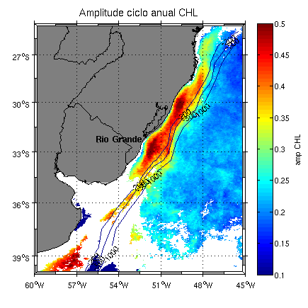 Figura 8. Porcentagem da variabilidade de clorofila-a explicada por um ciclo anual. Figura 9. Amplitude do ciclo anual. As áreas brancas mostram a inexistência de ciclo anual (r² < 0,4) 4.