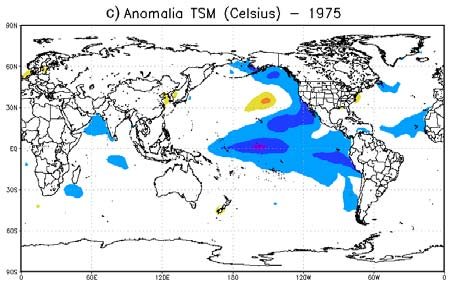 Figura 2: Anomalias da temperatura da superfície do mar ( C) indicando a ocorrência dos fenômenos El Niño em 1983 (a) e em 1997 (b) e La Niña em 1975 (c) e em 1999 (d).