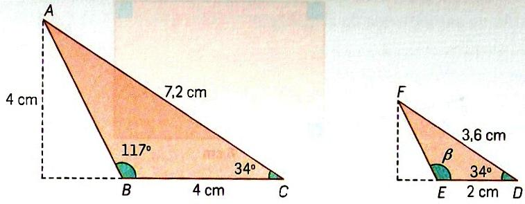 6. Observa os dois triângulos representados de seguida. 6.. Prova que os triângulos são semelhantes. 6.. Determina a amplitude do ângulo. Justifica a tua resposta. ABC e 7.