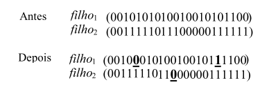 Operador Mutação Representação Binária Aplicado sobre os cromossomos filhos para aumentar a variabilidade da população Operador para representação binária: Para cada bit