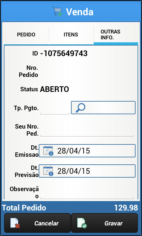 Emissão e Data de Previsão de saída do pedido.