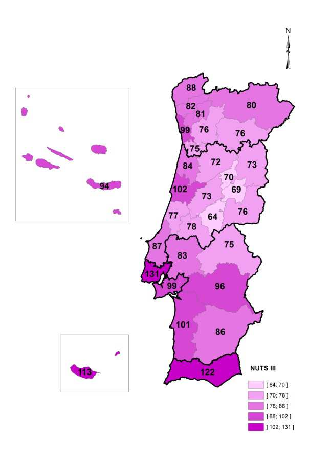 Índice do Valor Médio de Avaliação Bancária de Habitação NUTS III (País = 100) Análise das Áreas Metropolitanas Comparativamente com setembro, as Áreas Metropolitanas de Lisboa e do Porto,