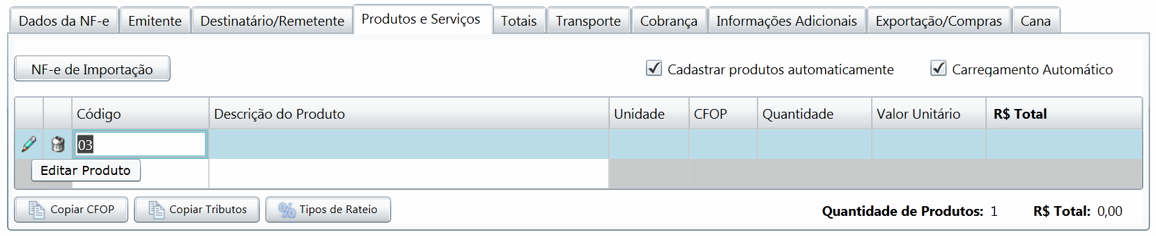 O produto que for incluído manualmente pode ser salvo para o banco de dados (cadastro de Produtos), clicando no checkbox (2) Cadastrar Produto Automaticamente.