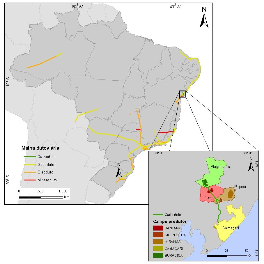entrou em operação o duto que liga as estações coletoras de Camaçari e da UPGN de Santiago (32 km) (Figura 3.19). 56 Figura 3.19. Malha dutoviária brasileira e detalhe de dutos para transporte de CO2 no Brasil.