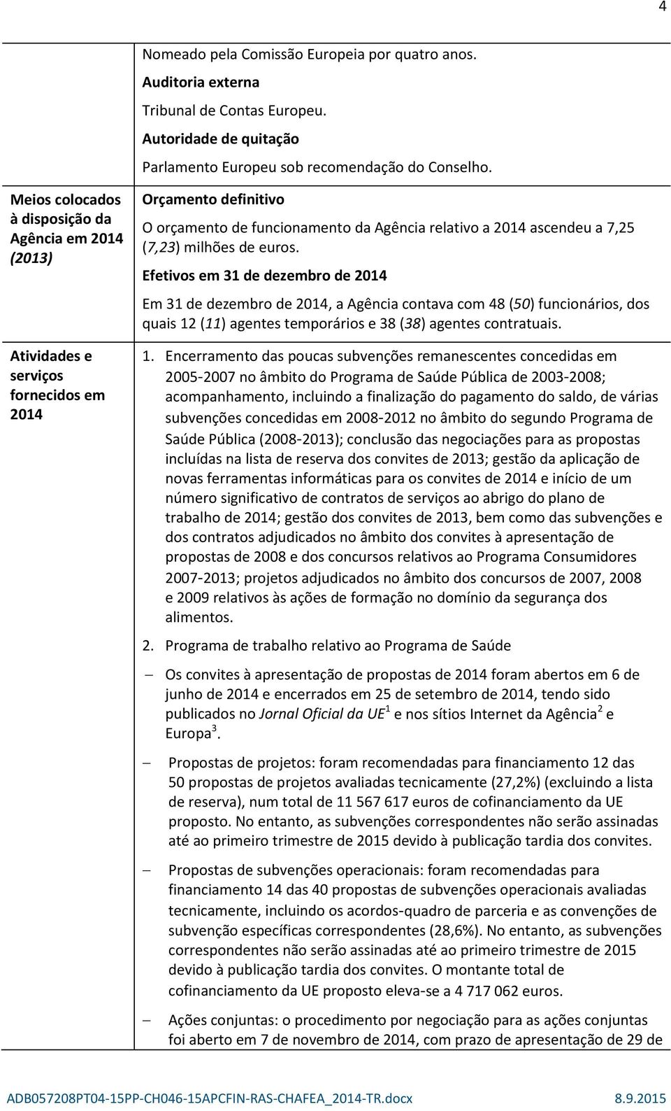 milhões de euros. Efetivos em 31 de dezembro de 2014 Em 31 de dezembro de 2014, a Agência contava com 48 (50) funcionários, dos quais 12