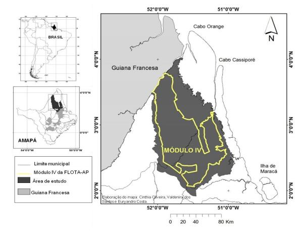 2. Metodologia de Trabalho 2.1. Área de estudo A área da Floresta Estadual do Amapá (FLOTA/AP) é dividida em 4 módulos (Figura 1), abrangendo cerca de 2.369.400 ha de área geograficamente descontínua.
