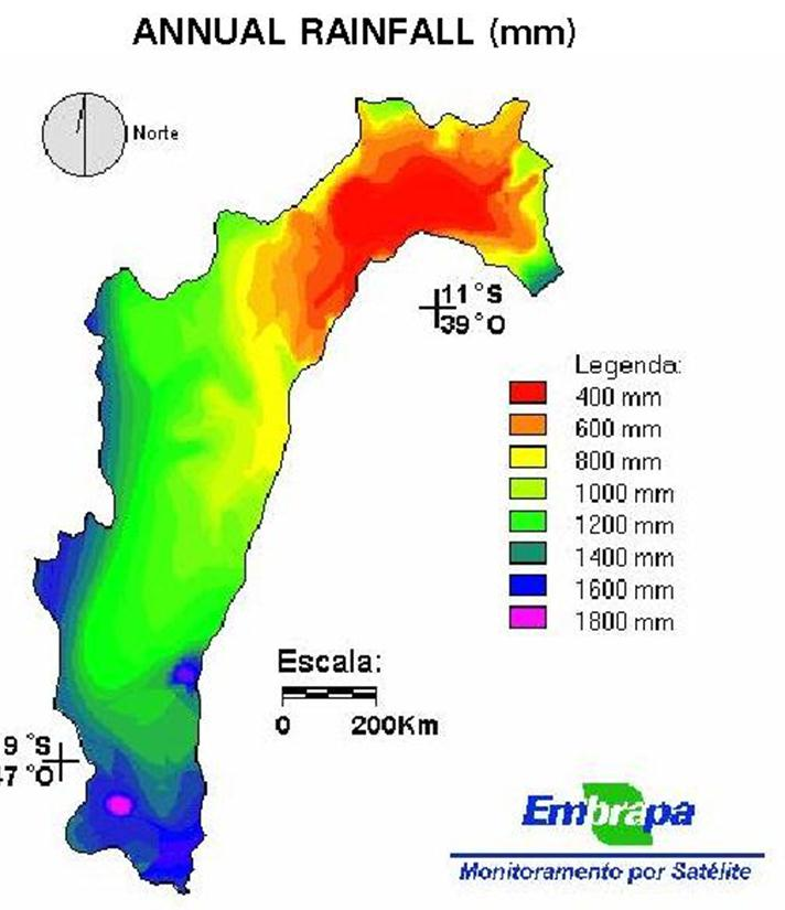 Introdução - Submédio São Francisco Latitude 8º - 9º S Clima árido e semi-árido Chuva anual : 350 a 800 mm (693 mm) (PAE, 2004) distribuição irregular época chuvosa dezembro a março