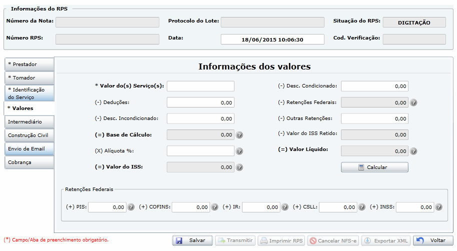 Página18 Valores: Aba para inclusão do valor do serviço e cálculos de ISS e valor líquido. Preencha o campo obrigatório: Valor do(s) Serviço(s), que é o valor bruto total da prestação do serviço.