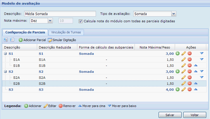 Média Ponderada: Esta opção irá calcular a média do módulo de acordo com os pesos definidos para cada parcial; Formula: Esta opção irá calcular de acordo com configuração formula que foi previamente