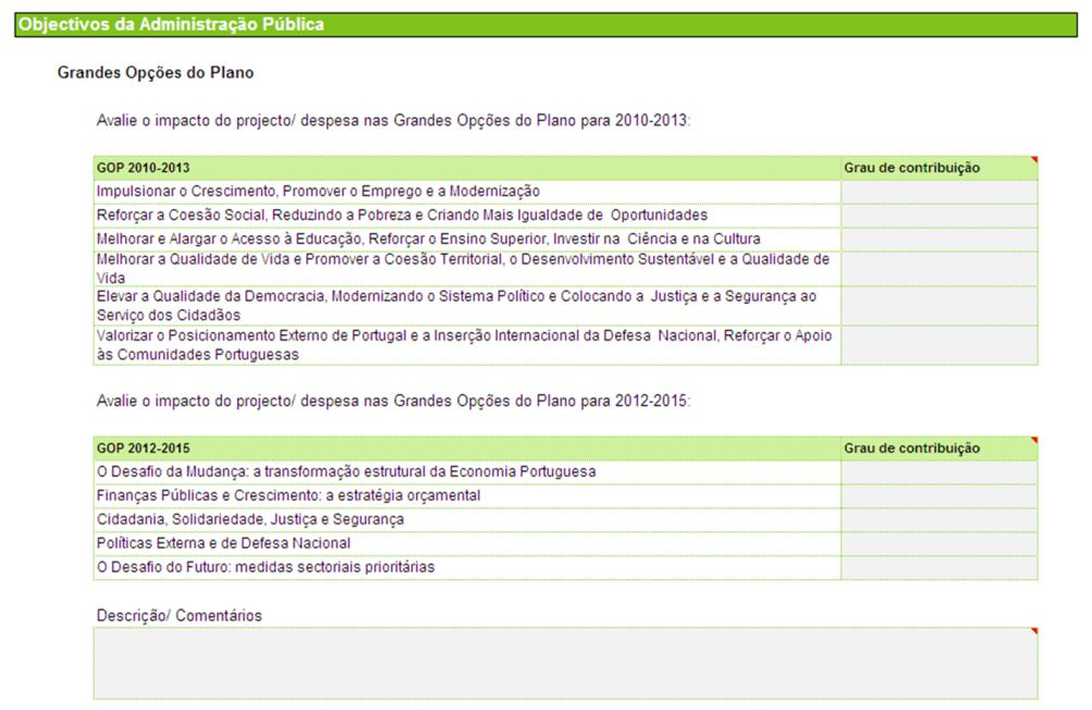 3. Alinhamento Estratégico (4/7) Recolha de informação sobre o alinhamento do projecto/ despesa com os Objectivos do Administração Pública (1/2) Campo para descrição da contribuição do projecto/