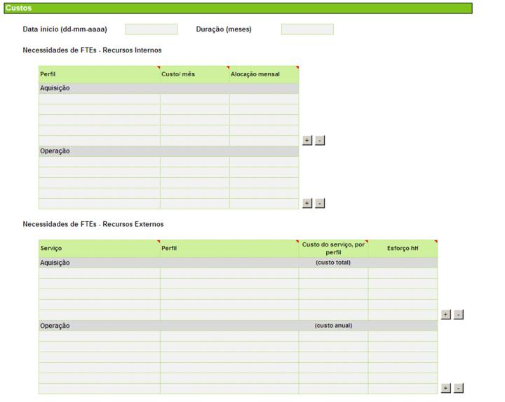4. Valor Económico Gate 3 (1/7) Recolha de informação sobre custos de aquisição e operação (Gate 3) Campos para indicação das necessidades de FTEs Recursos Internos, na vertente de Aquisição e