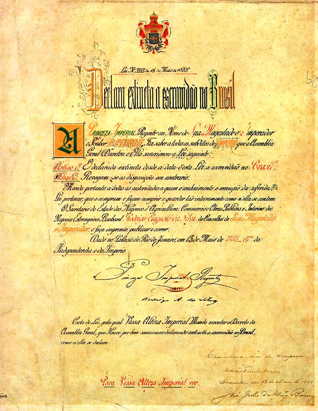 LEI ÁUREA Imagem da carta original da Lei Áurea, assinada pela Princesa Isabel. Acervo: Centro de Pesquisa e Documentação de História Contemporânea Brasil.