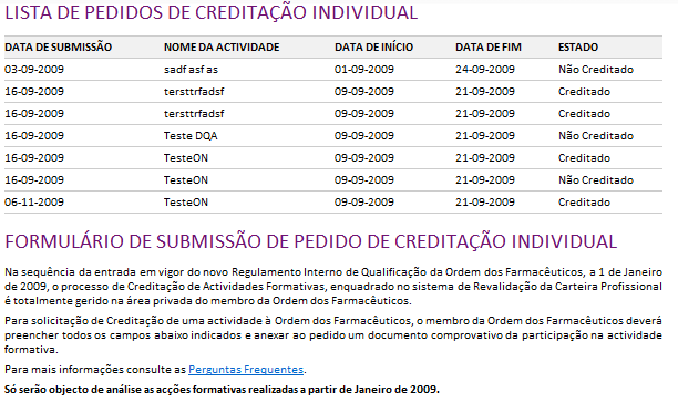 PEDIDO DE CREDITAÇÃO INDIVIDUAL Listagem de pedidos de creditação de