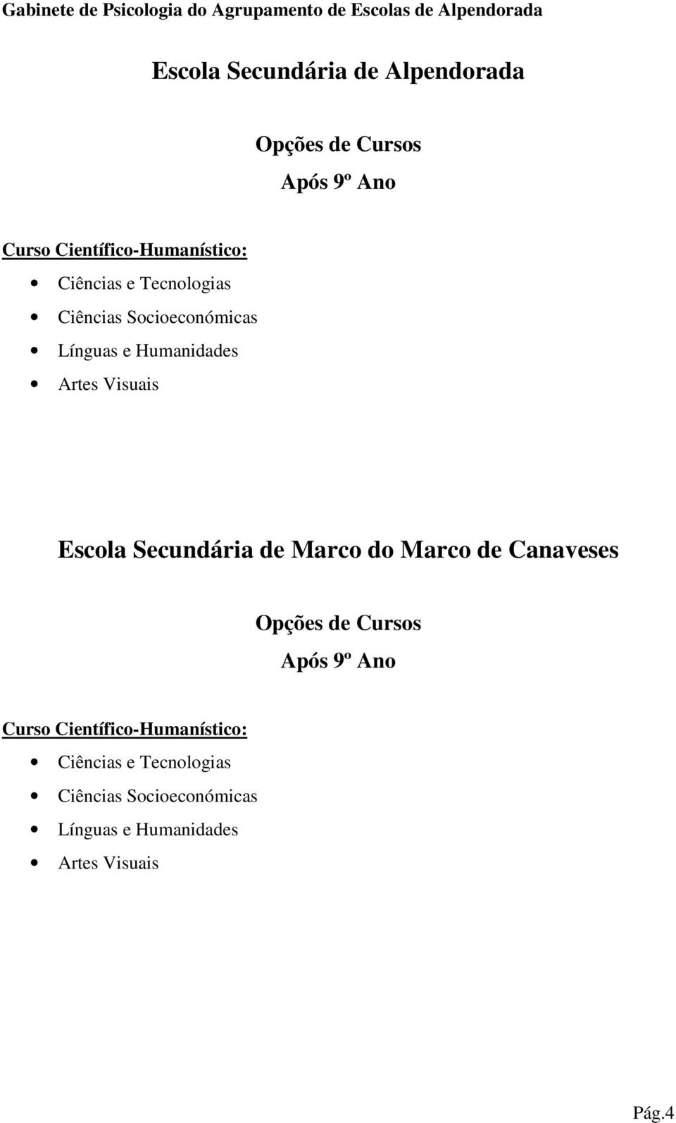 Secundária de Marco do Marco de Canaveses Opções de Cursos Após 9º Ano Curso