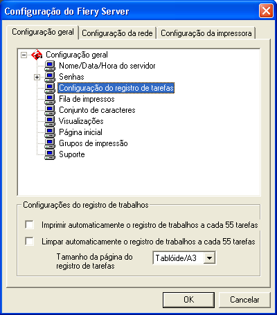 5-7 Opções de configuração do servidor Configuração do registro de tarefas Imprimir automaticamente o registro de tarefas a cada 55 tarefas Especifique se o Fiery EX2101 deverá imprimir o registro de