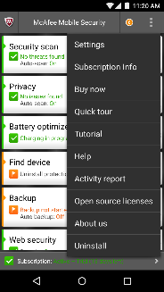 Clicando no botão menu exibe configurações e outras opções Padrão de McAfee serviços Recursos padrão incluídos de graça no seu aparelho BLU: Otimizador de bateria: A