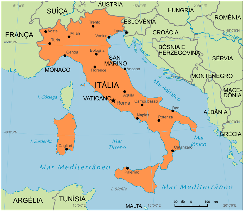 Dados Básicos A Itália está localizada no centro-sul da Europa e se estende ao longo do Mar Mediterrâneo. Faz fronteiras com a França, Suíça, Áustria e Eslovênia.