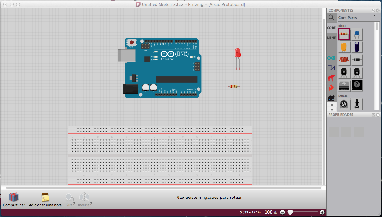 Para começar a diversão, abra o Fritzing e alterne para a visão Protoboard e em seguida, clique na caixa de busca (search) no canto superior direito, digite a palavra arduino e localize a versão