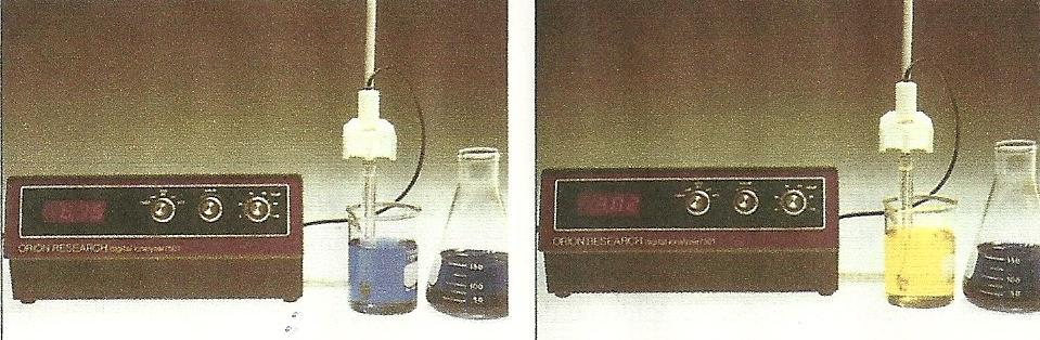 EFEITO DA ADIÇÃO DE ÁCIDO A UM TAMPÃO No Erlenmeyer: solução tampão de ph 7,40, (o mesmo ph do sangue humano) + verde de bromocresol (um indicador ácido-base, que é azul em ph 7,40).