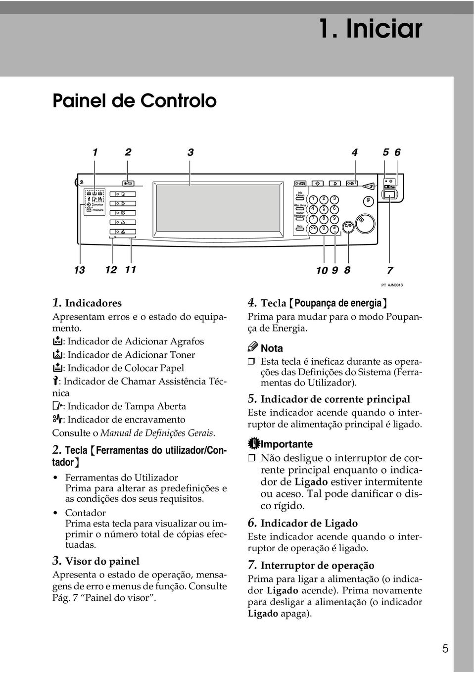 Consulte o Manual de Definições Gerais. 2. Tecla {Ferramentas do utilizador/contador} Ferramentas do Utilizador Prima para alterar as predefinições e as condições dos seus requisitos.