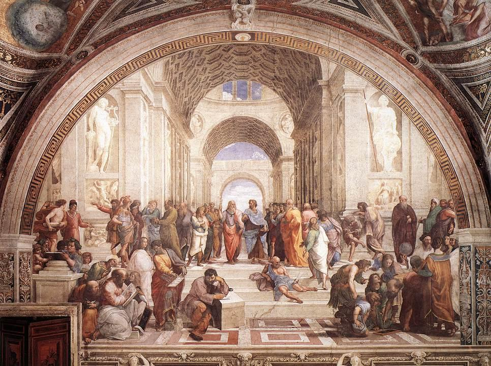 10 grupo de filósofos gregos, dando a alguns feições de personalidades da sua época, como o filósofo Heráclito que é retratado com as feições de Michelangelo.
