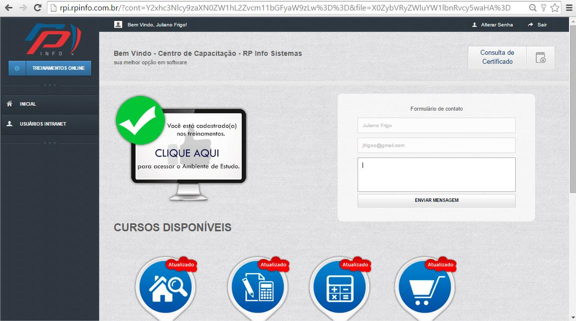 Figura 27: Formulário de contato com o setor de Treinamentos da RP Info. 6.4 CONSULTAR CERTIFICADO A Consulta de Certificado serve para verificar a autenticidade do mesmo.