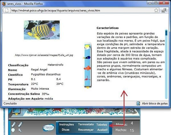 A simulação oferece também uma tabela com informações