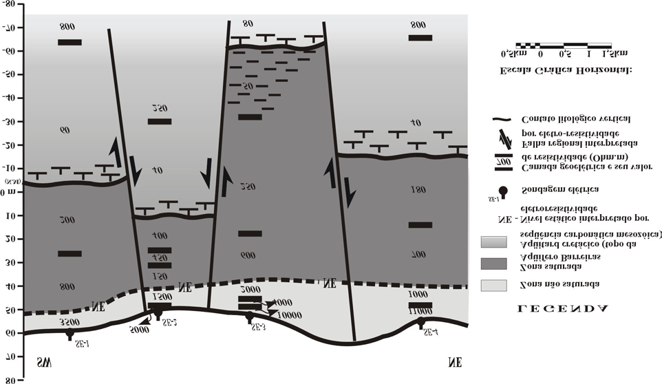 Figura 5 Seção hidrogeológica, interpretada a partir de dados geo-elétricos (ver localização no mapa geológico da figura 2).