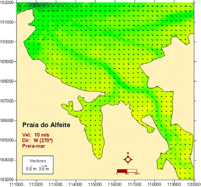 a) b) Figura 9 Altura significativa e direcção média da agitação marítima obtidas com SWAN para vento com velocidade (U 10 ) de 10 m/s e rumo de 90º (E): a) estuário do Tejo; b) praia do Alfeite.
