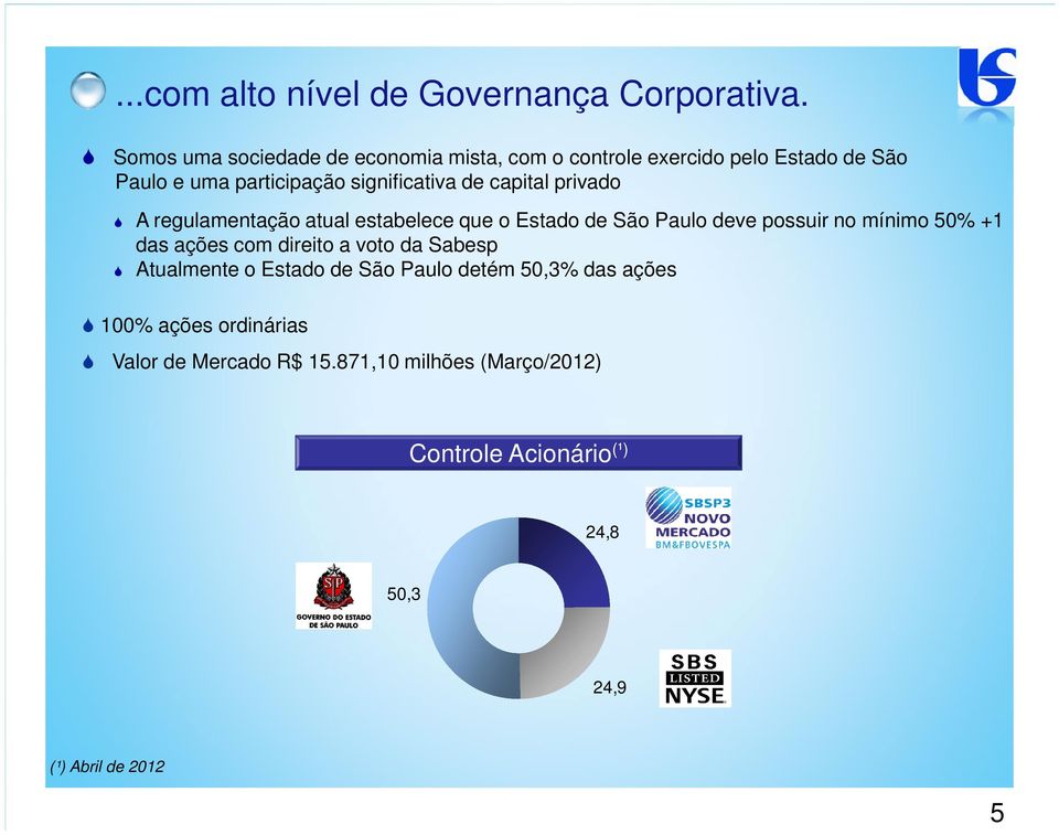capital privado A regulamentação atual estabelece que o Estado de São Paulo deve possuir no mínimo 50% +1 das ações com