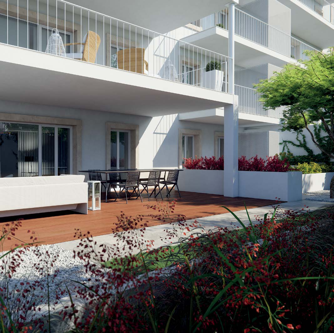Les Pieds-à-Terre 10 apartamentos, 2 deles no piso térreo e com jardim privado; com 2 quartos em suite e áreas superiores a 100 m 2, alguns com espaços exteriores de 25m 2.