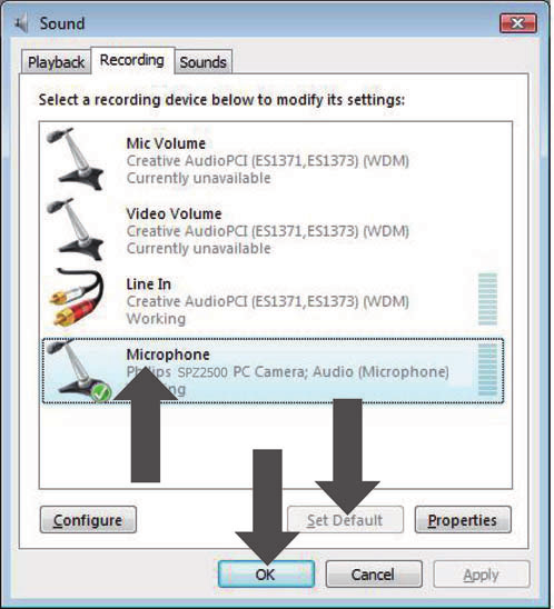 Para o Windows Vista : 1 No PC/computador portátil, clique em Iniciar > Painel de controlo. 2 Clique em Hardware e Som. 3 Clique em Som. 4 Clique no separador Gravação na janela apresentada.