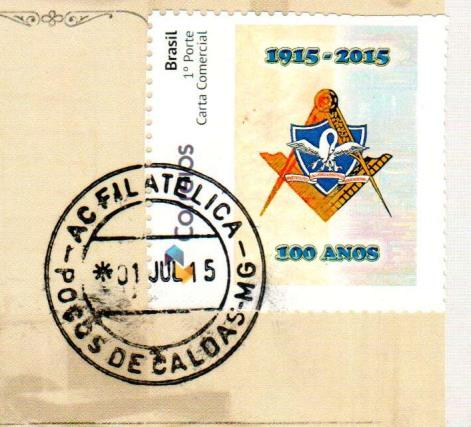 Carimbo comemorativo dos100 anos de fundação da ARLS ESTRELA CALDENSE Nº 45 Poços de Caldas MG 04 A 09.12.
