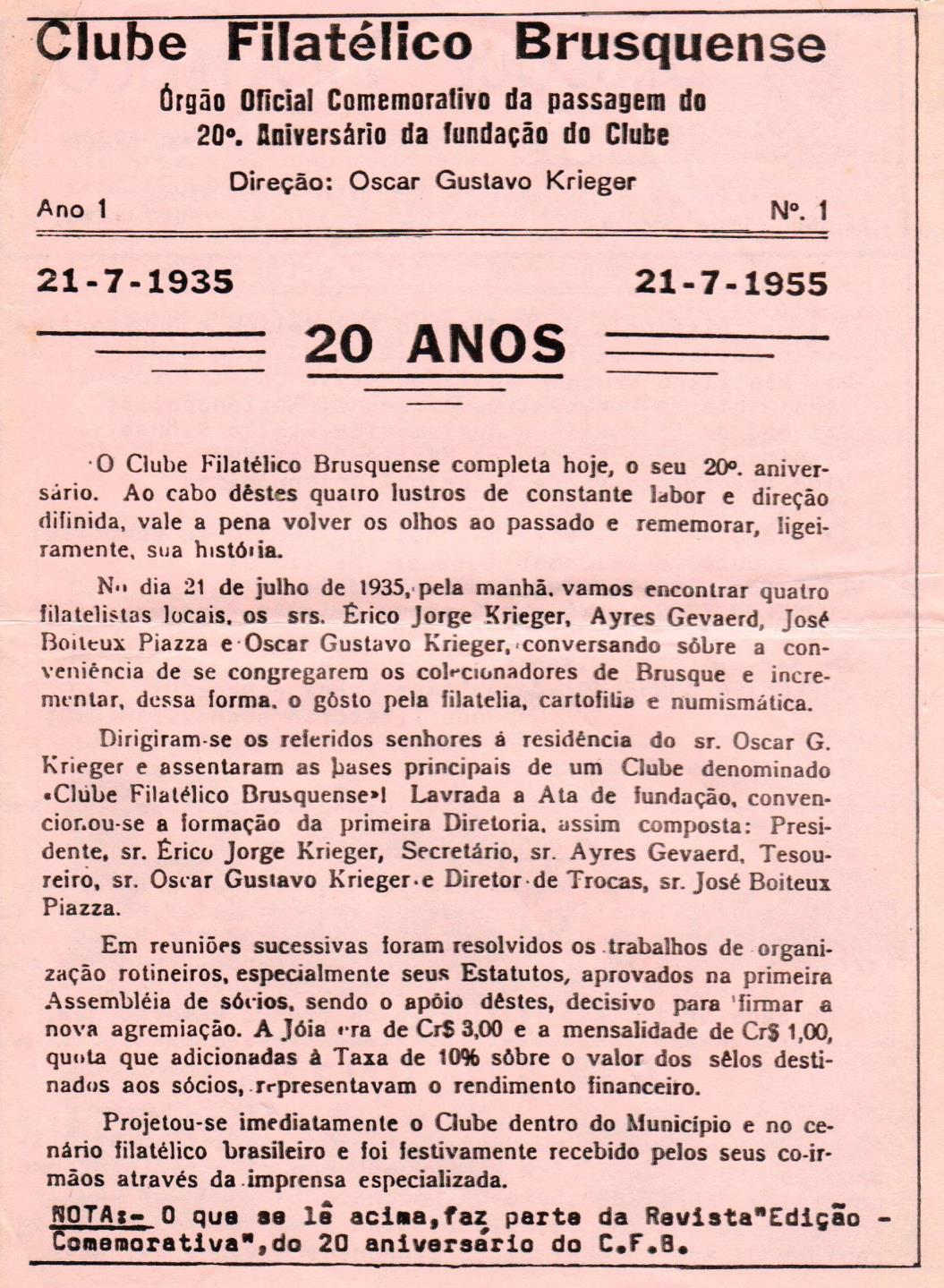 FUNDAÇÃO DO CLUBE FILATÉLICO BRUSQUENSE Pela importância histórica e para preservar a memória, publicamos o texto